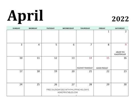 Calendar for April, 2022, Philippines .